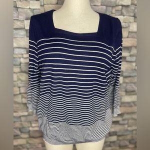 Joseph A lightweight three quarter sleeve navy & white square neckline sweater